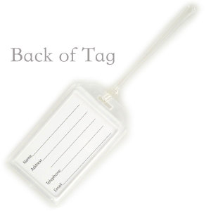 Rigid Plastic Luggage Tag with Clear Front to display your customized tag. Comes with a 6" Worm Loop Strap and in it's own organza bag.